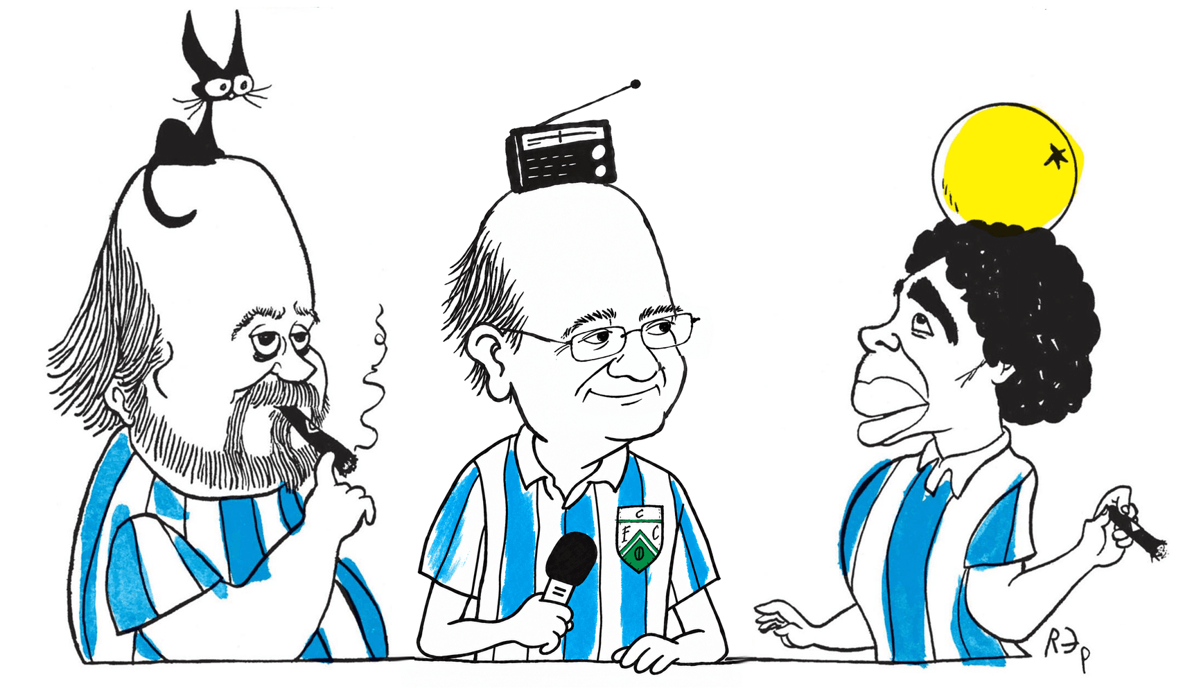 Ilustración de Oscar Bosetti con un micrófono y una radio, junto a Osvaldo Soriano y Diego Maradona.